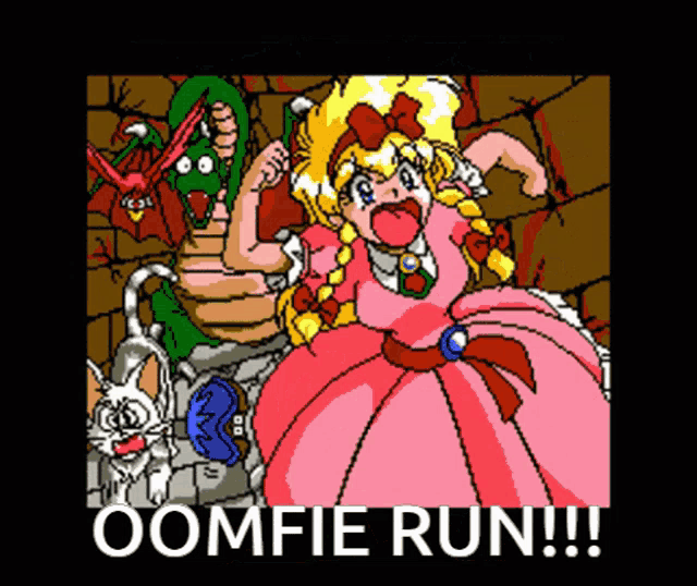 a cartoon of a girl in a pink dress with the words oomfie run written below her