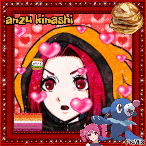 a picture of anzu kirashi with hearts and pancakes in the background