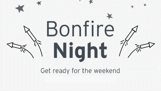 a sign that says bonfire night with rockets and stars