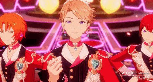 a group of anime characters are standing next to each other on a stage and one of them is wearing a choker .