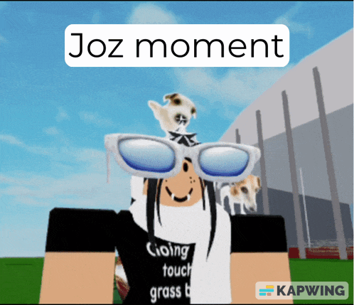 a girl wearing sunglasses and a shirt that says going touch grass is holding a small dog on her head