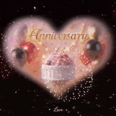 a heart with a cake and balloons and the words anniversary