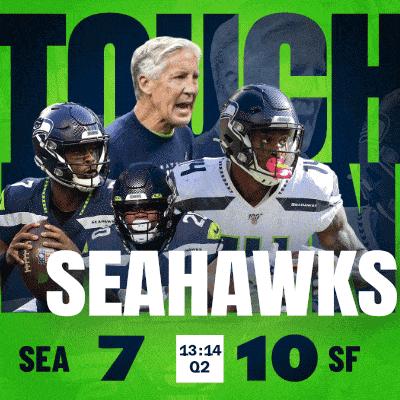 a poster for the seahawks showing players and coaches on a green background
