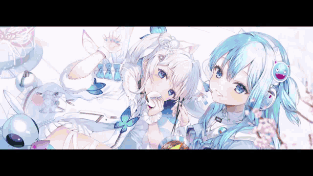two anime girls with white hair and blue eyes