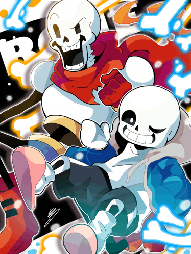 a cartoon drawing of papyrus and sans with the letter r on the bottom