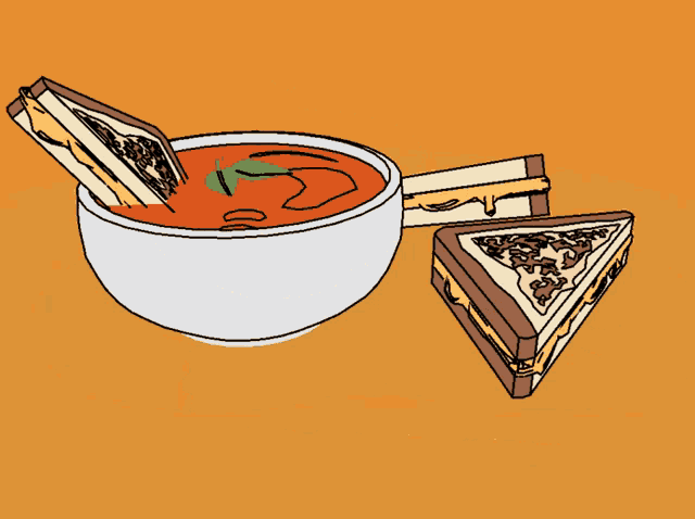 a cartoon drawing of a bowl of soup and two sandwiches
