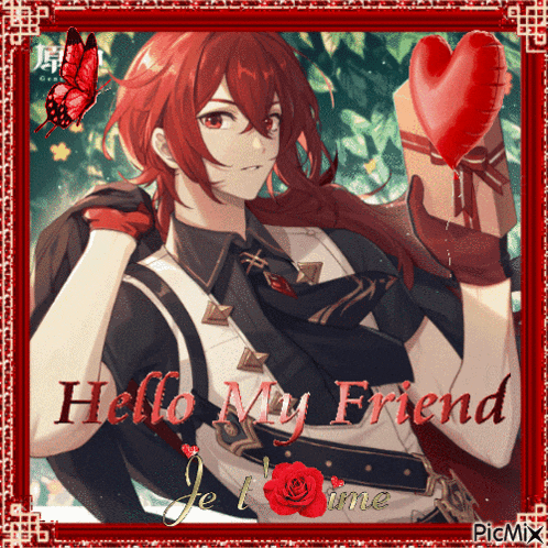 a picture of a man holding a heart with the words hello my friend je t aime