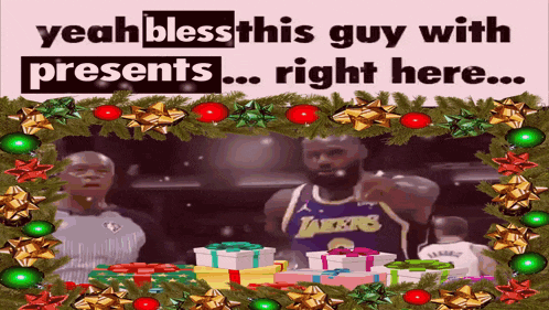 a man in a lakers jersey is surrounded by gifts