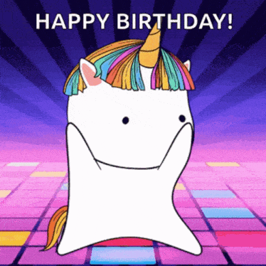 a cartoon unicorn with a rainbow mane and horn is dancing with the words happy birthday in the background