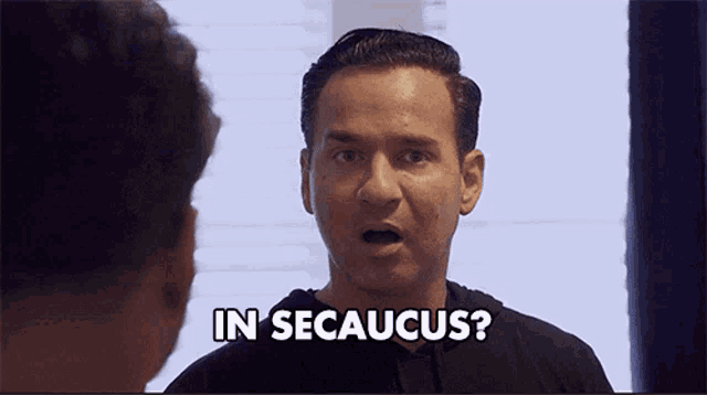a man with a surprised look on his face and the words in secaucus below him