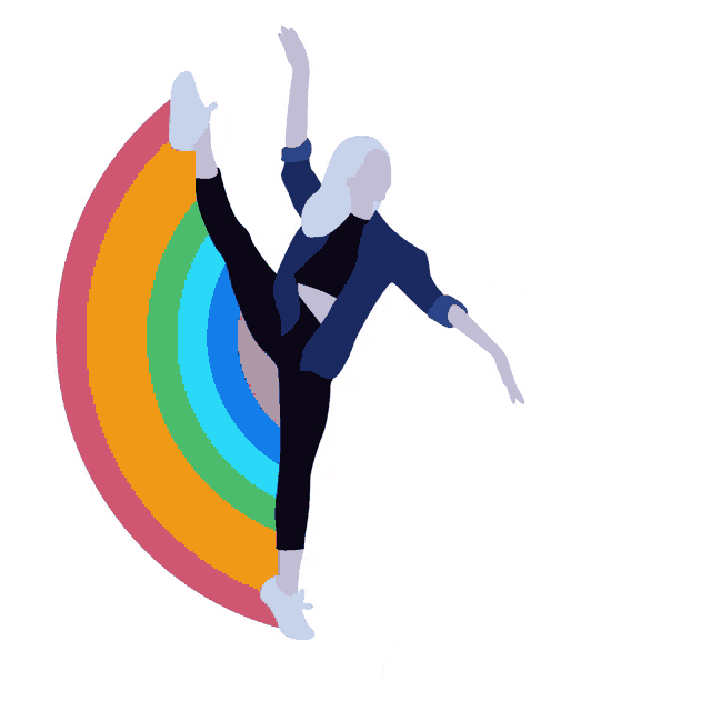 a silhouette of a woman doing a split with a rainbow in the background