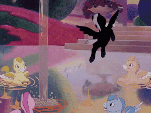 a group of ponies are swimming in a pond with a black and white pony flying in the air