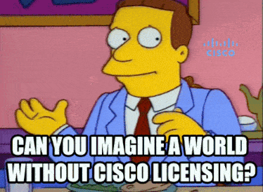 a cartoon character says " can you imagine a world without cisco licensing ? "