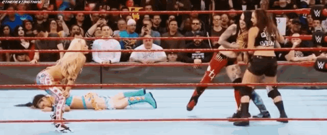 a group of women wrestling in a wrestling ring .