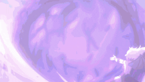 a purple background with a person standing in front of a large purple ball