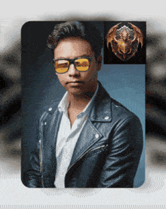 a man wearing sunglasses and a leather jacket has a picture of a dragon in the background