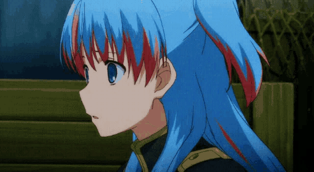 a girl with blue hair and red highlights looks to the side
