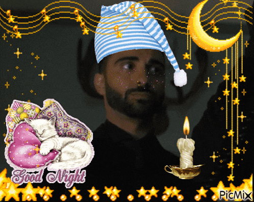 a picture of a man wearing a sleep cap and a cat sleeping on a pillow with the words good night written on it