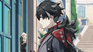 a man with long black hair is standing in front of a blue door