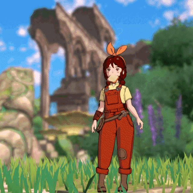 a girl in orange overalls is standing in a field of grass