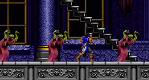 a video game scene with a man standing on a balcony and stairs surrounded by monsters .