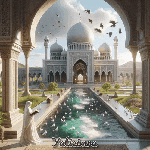 a painting of a woman reading a book in front of a mosque with the name yalieima written on the bottom