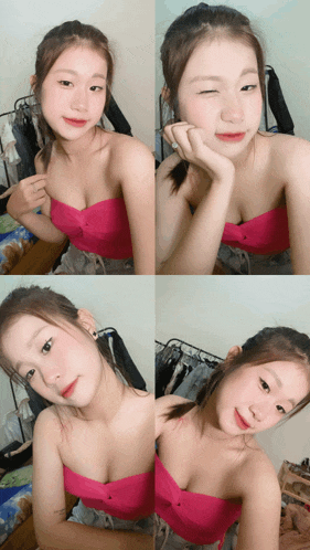 a girl in a pink top is taking a picture of herself