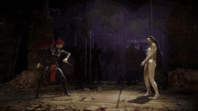 two women are fighting in a dark room with a purple background