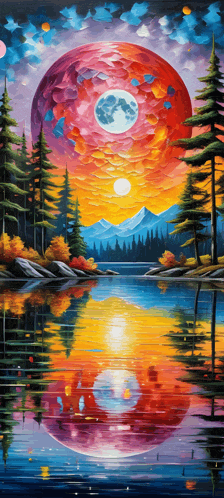 a colorful painting of a lake with mountains in the background and trees in the foreground