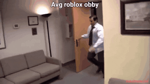 a man in a white shirt and tie is running towards a door with the words avg roblox obby written above him