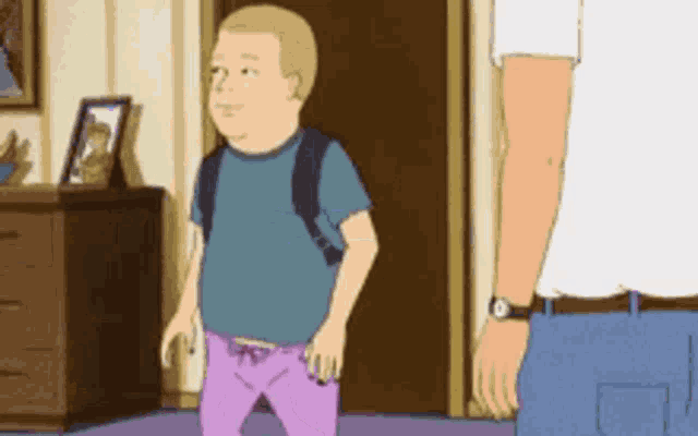 a cartoon of a man and a boy standing next to each other in a living room .