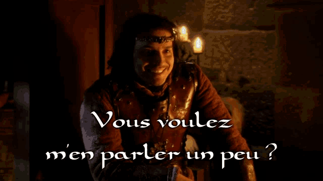 a man with a crown on his head and the words vous voulez men parler un peu