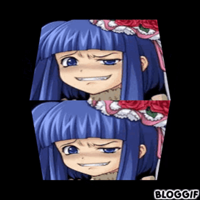 a cartoon of a girl with blue hair and a pink flower in her hair