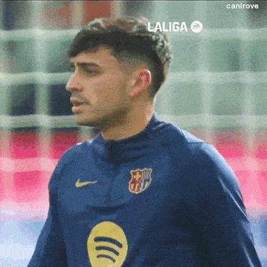 a soccer player wearing a blue nike jersey with a yellow circle on the front .
