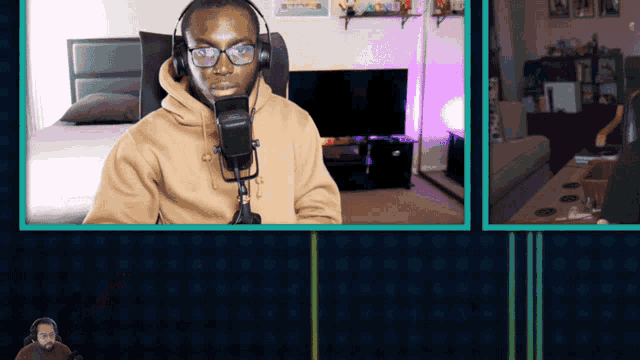 a man wearing headphones is sitting in front of a microphone in a living room