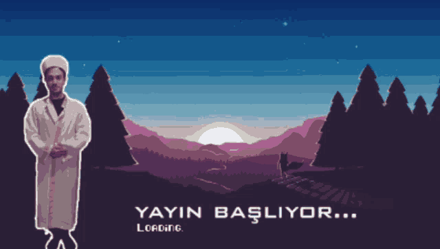 a man in a white robe is standing in front of a landscape that says loading