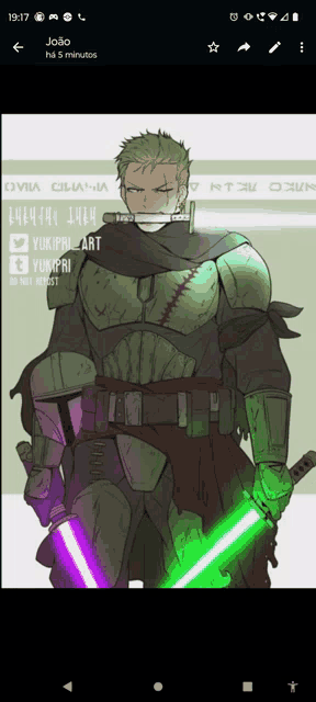 a drawing of a man in armor holding a lightsaber