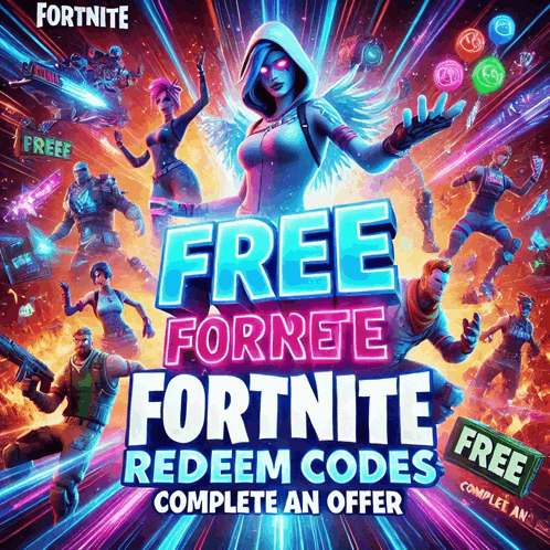 a poster that says free fornite redeem codes complete an offer