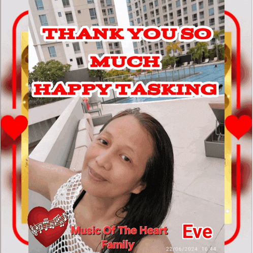 a picture of a woman with the words thank you so much happy tasking eve music of the heart family