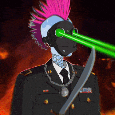 a cartoon drawing of a man in a military uniform with a mohawk