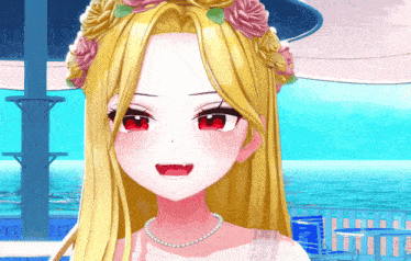 a girl with blonde hair and red eyes is wearing a flower crown