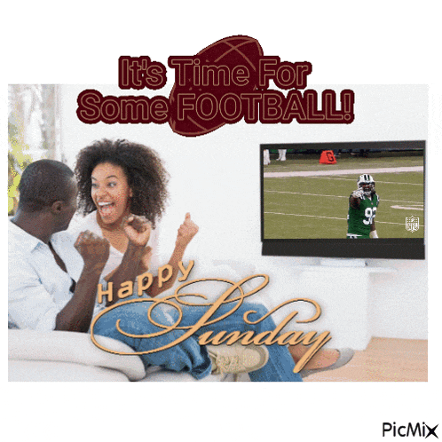 a man and woman sitting on a couch watching a football game with the words it 's time for some football happy sunday