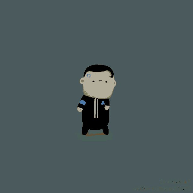 a cartoon of a man with a blue button on his arm