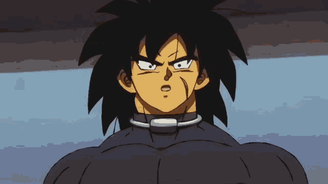 a close up of a cartoon character with black hair and a collar around his neck