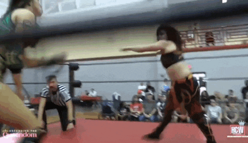 two women are wrestling in a ring with the word hcw on the bottom right