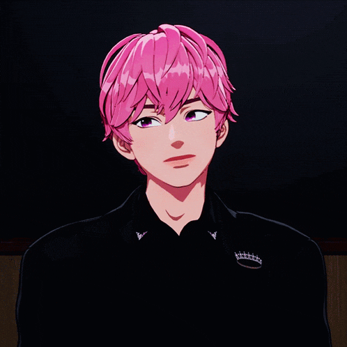 a cartoon character with pink hair and purple eyes is wearing a black jacket