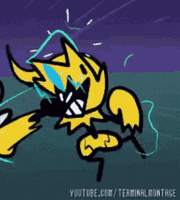 a cartoon of a pokemon holding a sword with a lightning bolt coming out of it 's mouth .