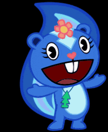 a blue cartoon squirrel with a flower in her hair
