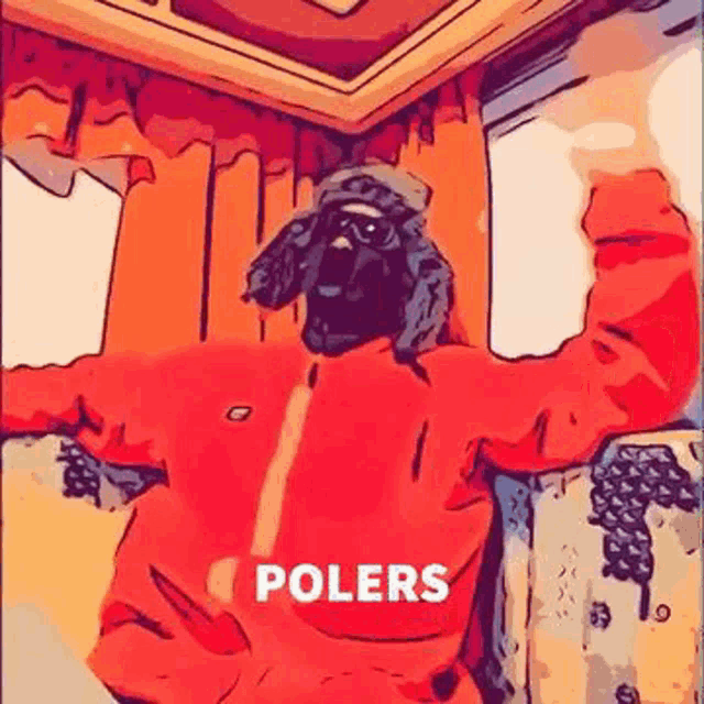 a cartoon of a man wearing a red jacket and a hat with the word polers on the bottom .