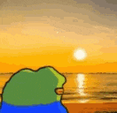 a cartoon frog is sitting on a beach looking at the sunset .